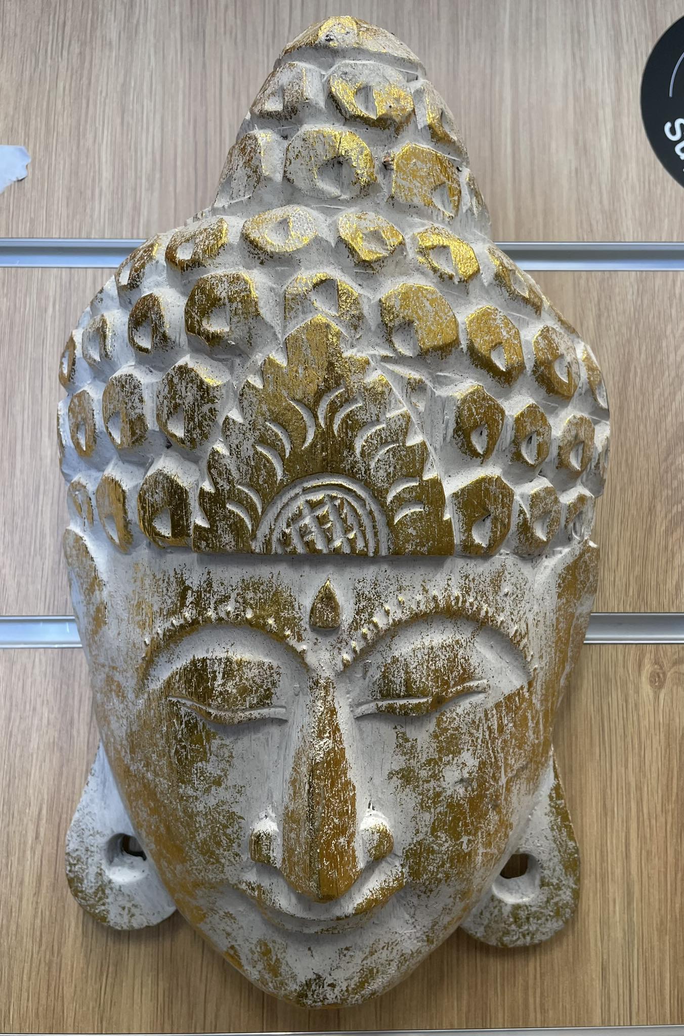 Hanging Wooden Buddha Head  - White/Gold - 30cm