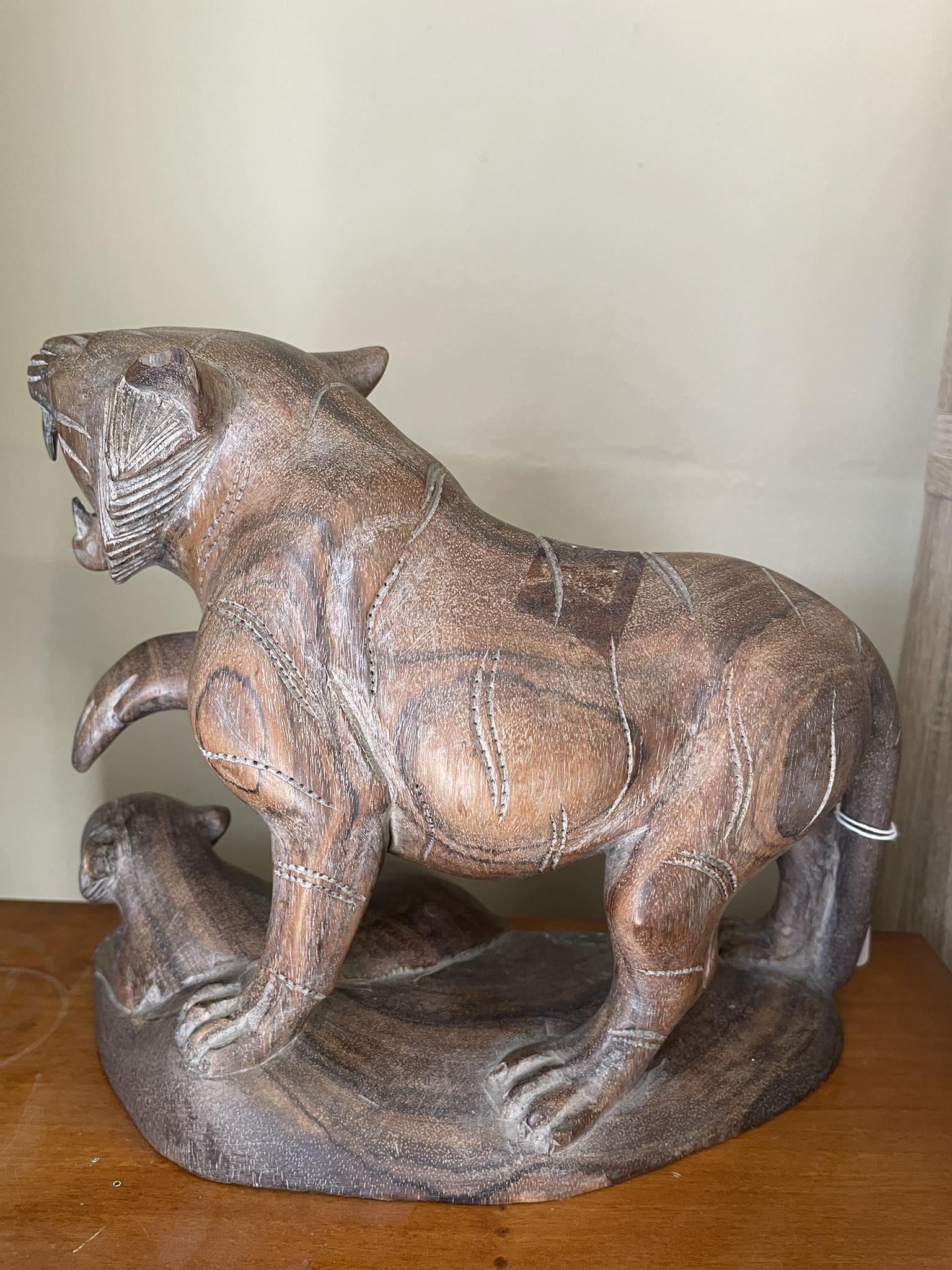 Hand Carved Wooden Tiger Protecting Her Cub. 