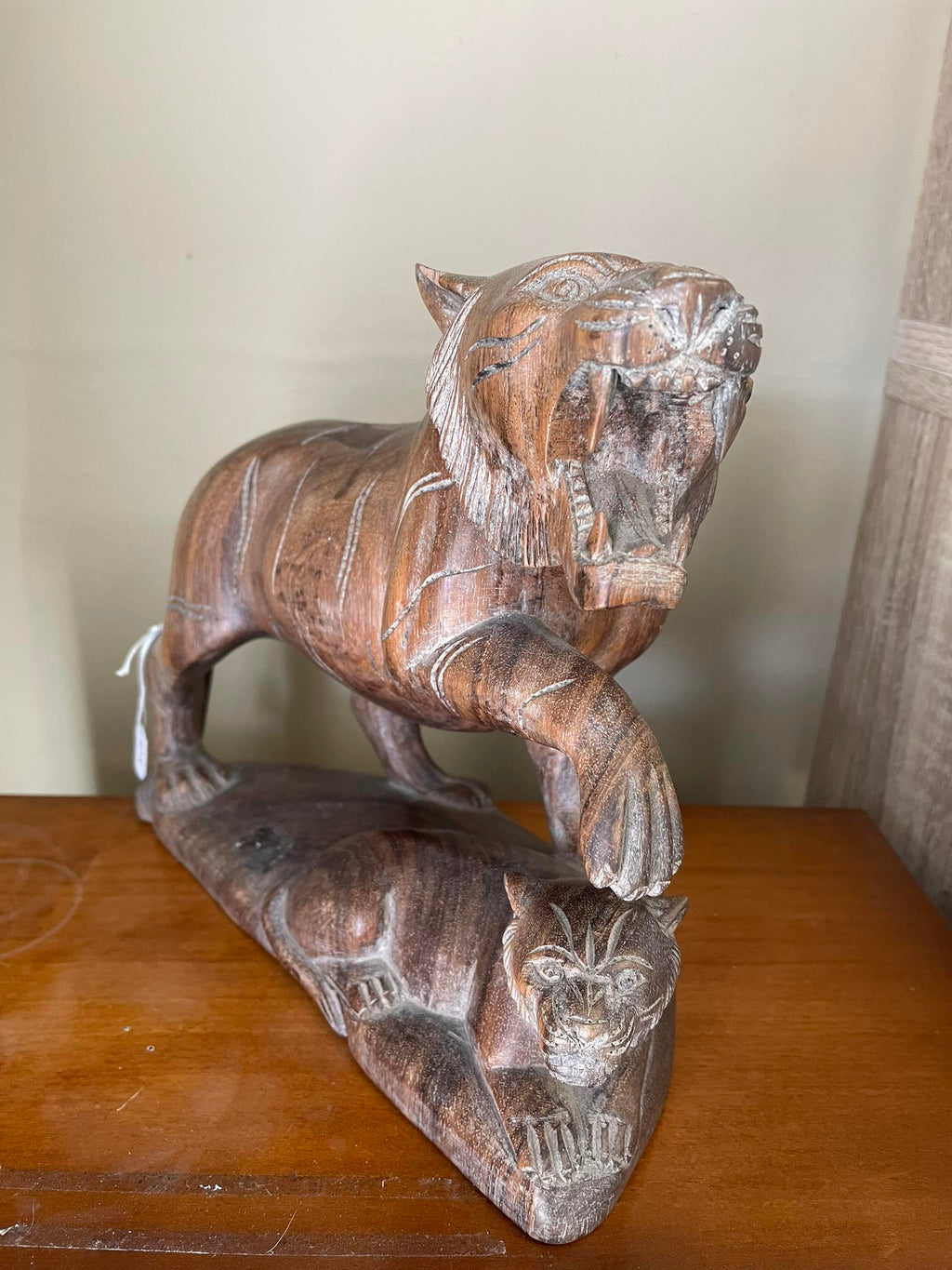 Hand Carved Wooden Tiger protecting her cub. 