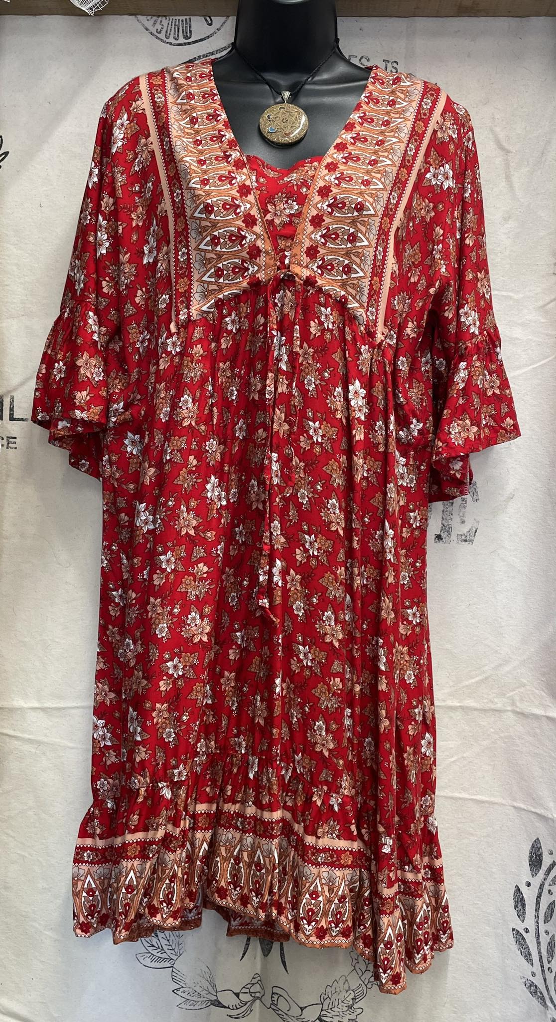 Mid Length Sleeved Dress - Floral Red