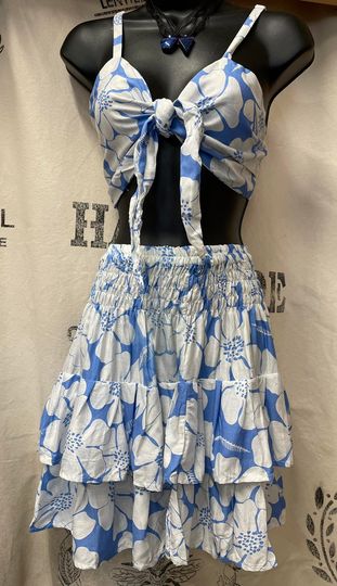 Blue and White Hibiscus Print Layered Skirt and Top Set