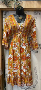 Mid Length Sleeved Dress - 70's Orange Floral