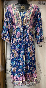Mid Length Sleeved Dress - Blue/Pink Floral
