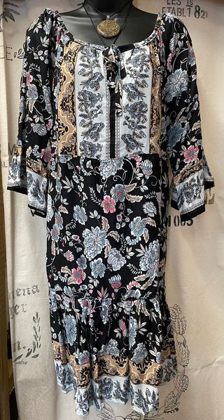 Mid Length Sleeved Dress with Tie Top - Black Floral