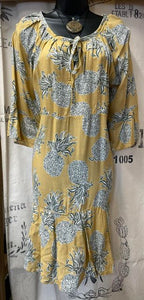 Mid Length Sleeved Dress with Tie Top - Yellow Pineapple Print