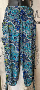 3/4 Length Pants - Turquoise/Royal Blue Paisley Print