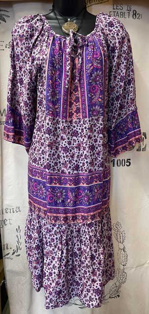 Mid Length Sleeved Dress with Tie Top - Floral Purples