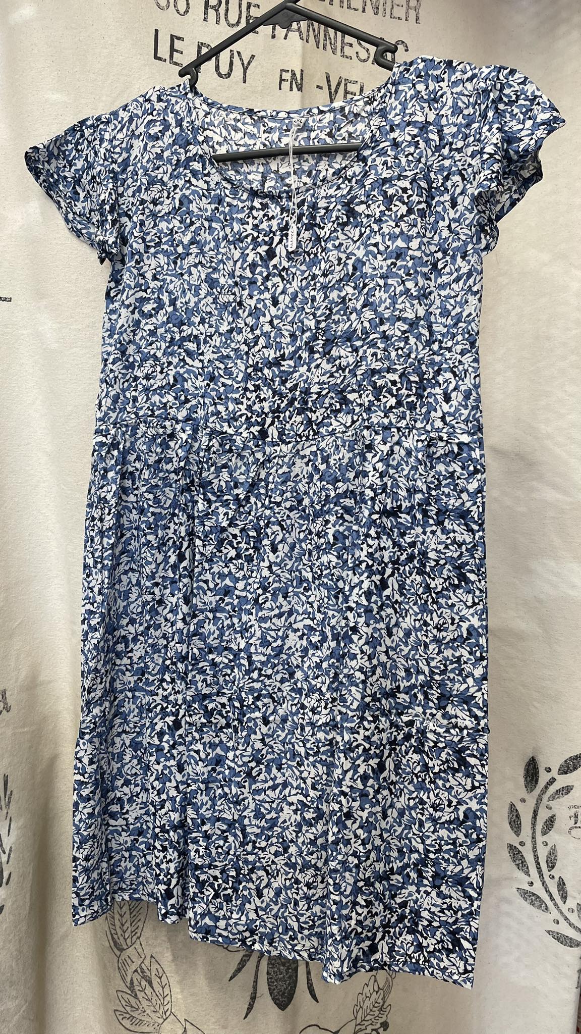 Girls Dress - Blue/White Busy Leaf Print