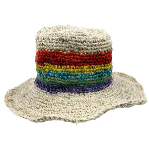 Hand-Knited Hemp & Cotton Boho Festival Hat - Rainbow