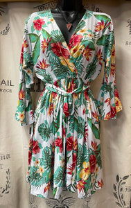 Tie Waist Tropical Dress - White/Green