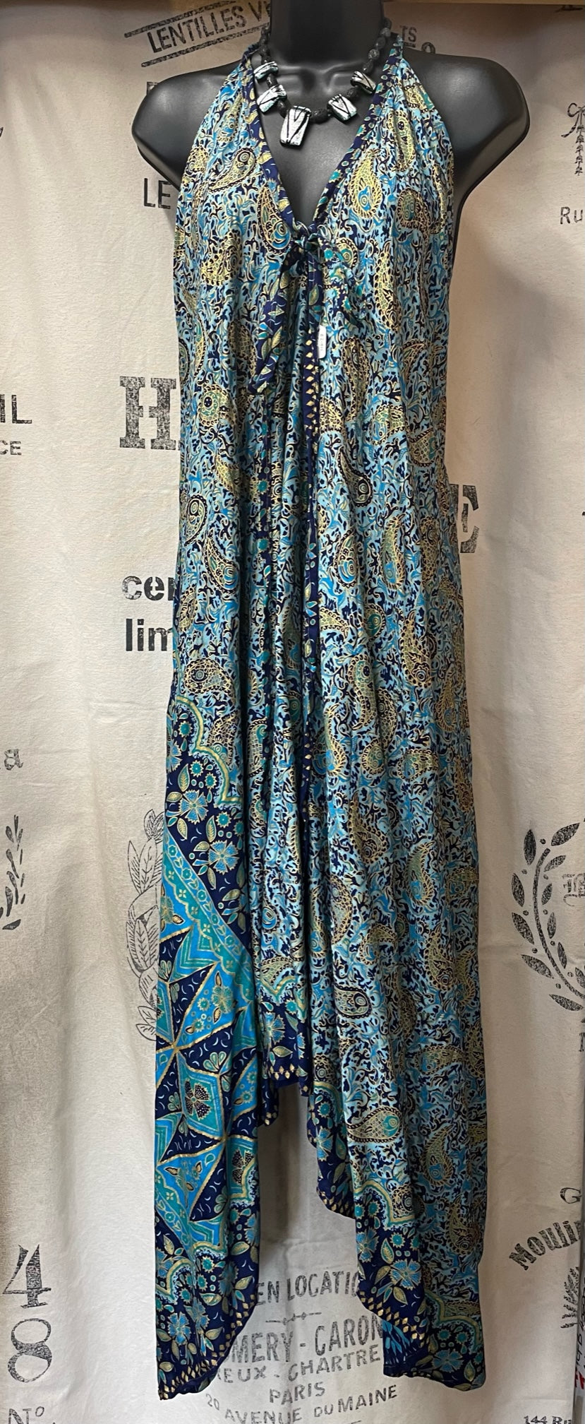 Long Halter Neck Dress - Blue/Gold