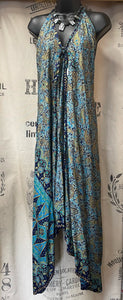 Long Halter Neck Dress - Blue/Gold