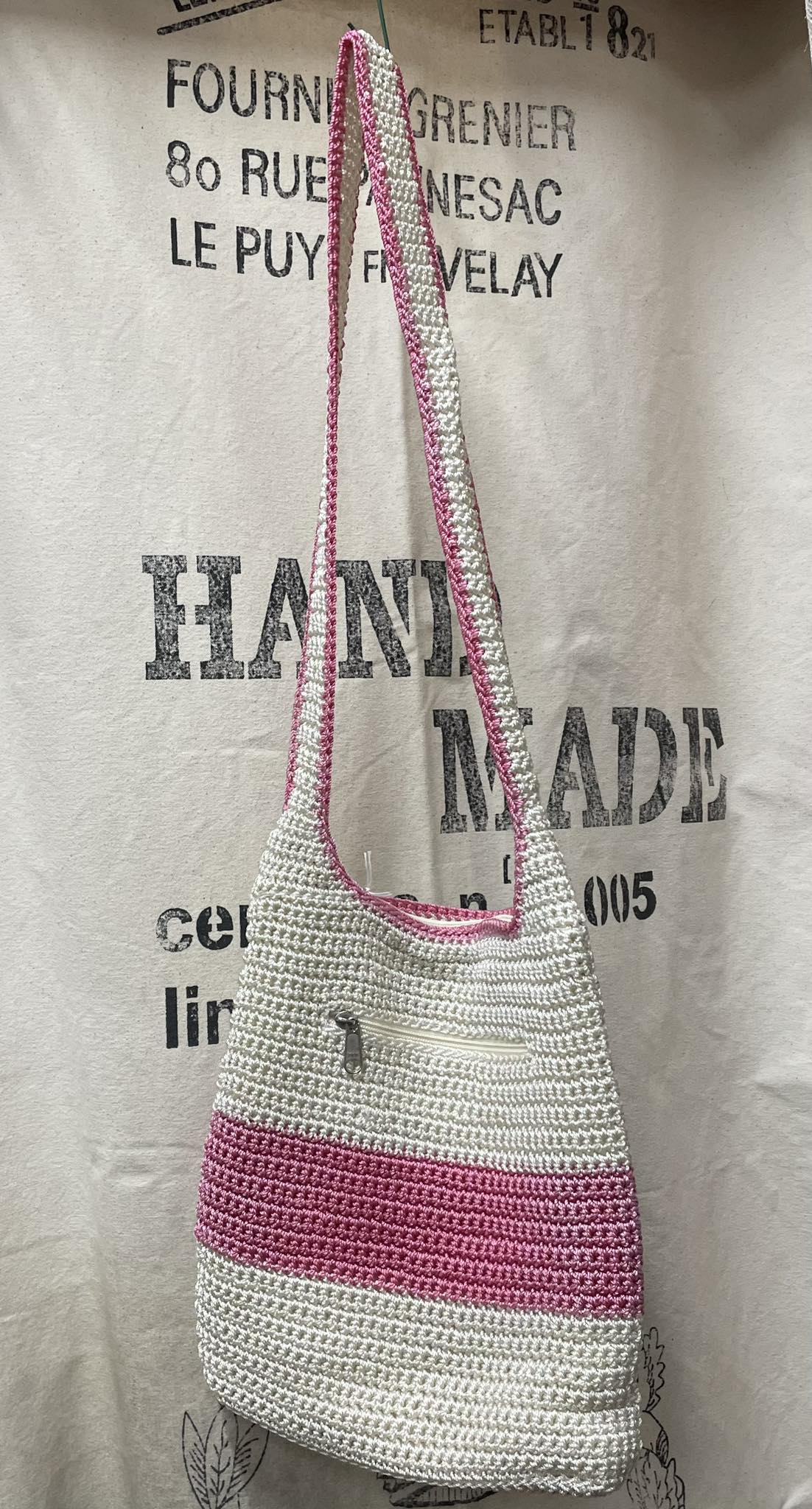 Handmade Bag from Bali - Crochet Shoulder Bag - Cream/Pink