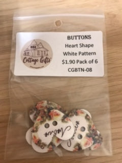 Buttons - White Patterned Hearts Pack of 6