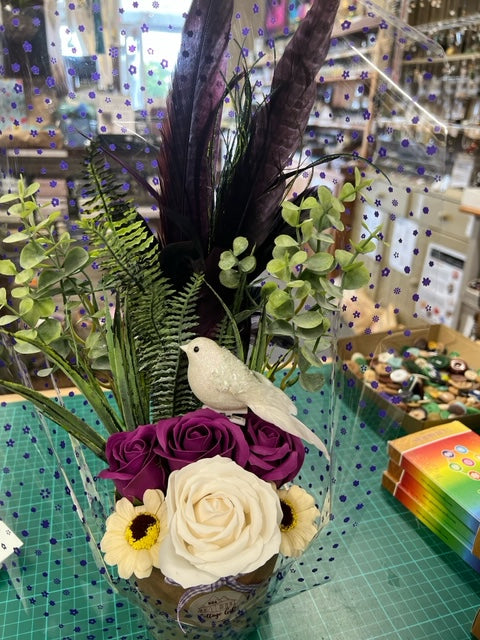 Soap Flower Box with Purple Partridge Feathers & White dove