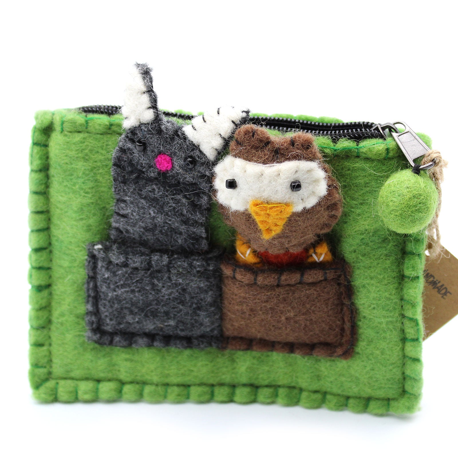 Natural Felt Zipper Pouch with finger Puppets - Owl & Pussycat