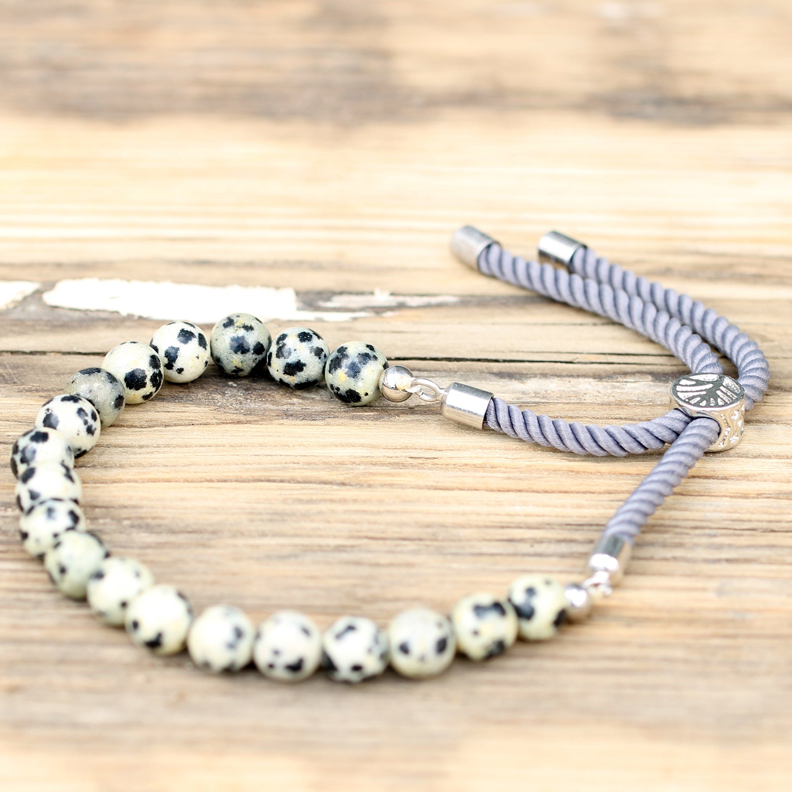 925 Silver Plated Gemstone Charcoal String Bracelet - Dalmation