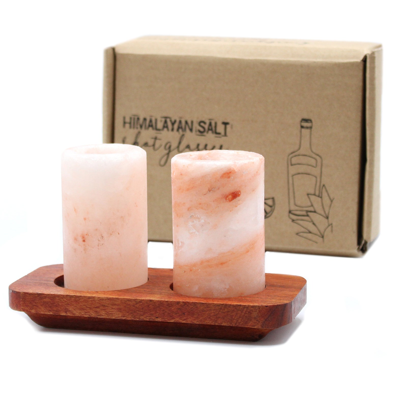 Himalayan Salt Shot Glasses & Wood Serving Tray - Set of 2