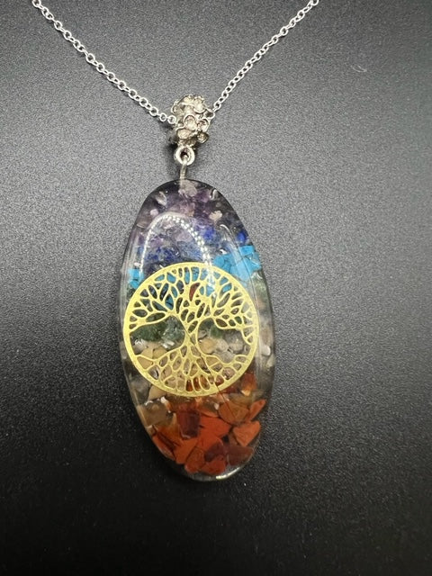 Orgonite Power Pendant - 7 Stone Chakra Oval with Tree