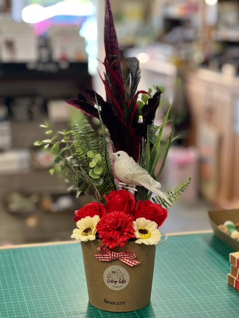 Valentine's Soap Flower Box with Red Partridge Feathers & White dove